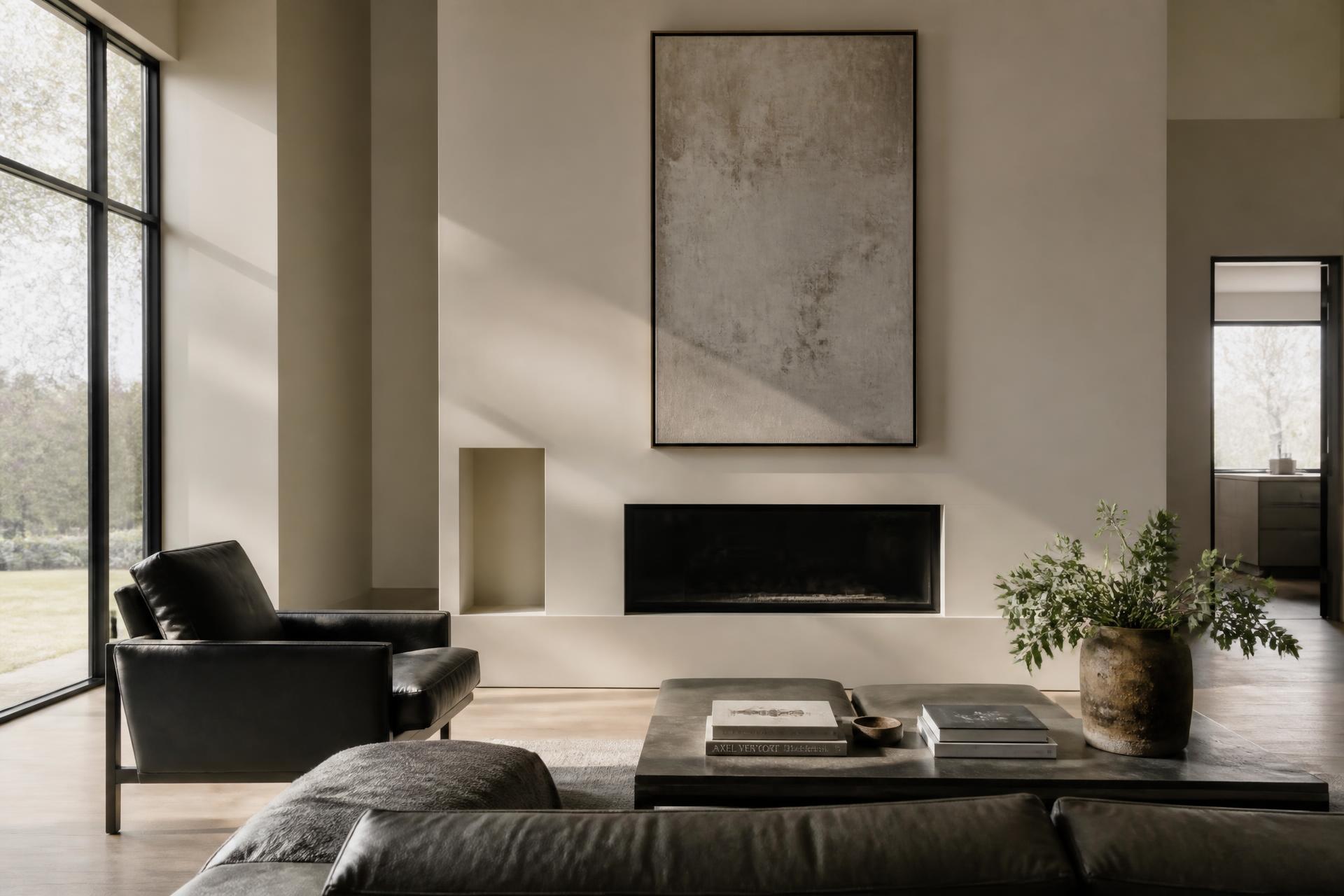 Sunlit modern living room with flawless smooth level 5 plaster walls and ceiling