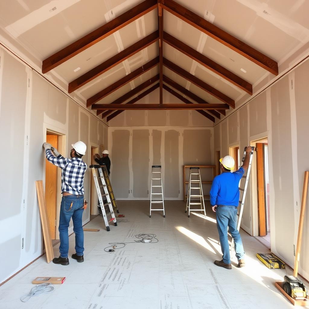Contractor crew boarding and taping a large new home interior